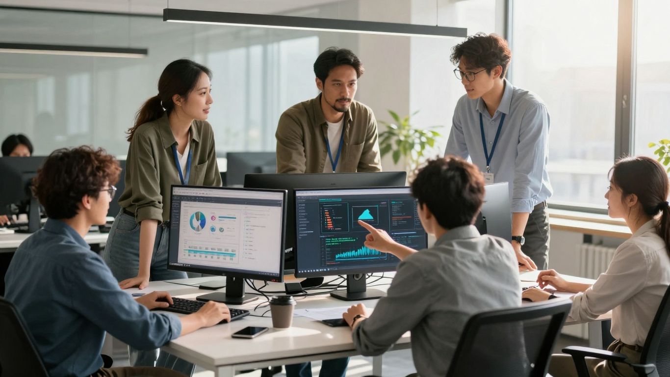 Digital marketing professionals collaborating in a bright office setting.