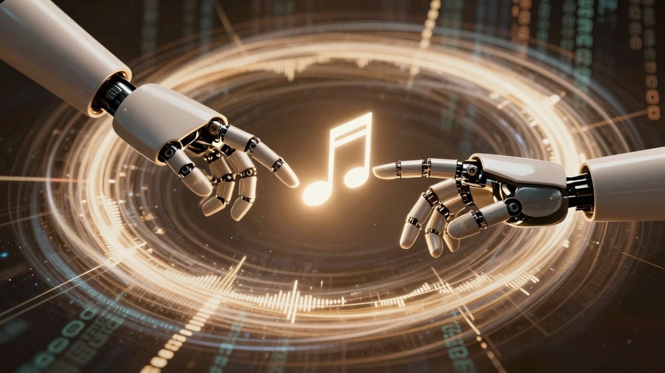Robotic and human hands reaching for a musical note.