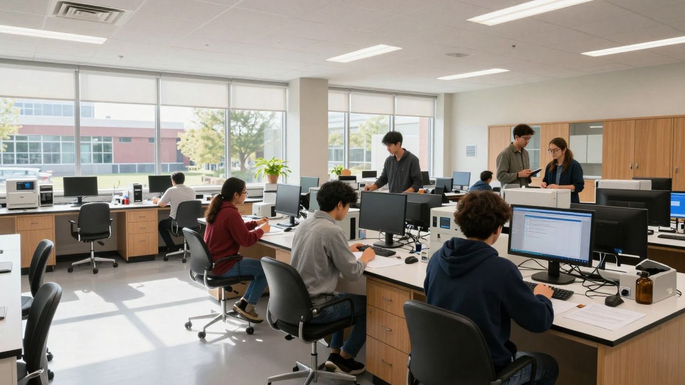 Wentworth Institute of Technology campus and students in lab.