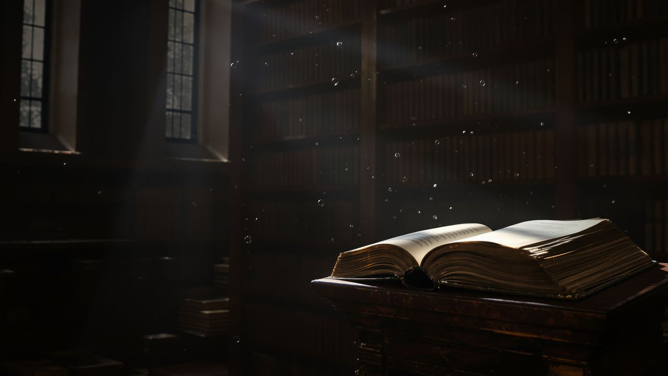 Ancient books in a sunlit library