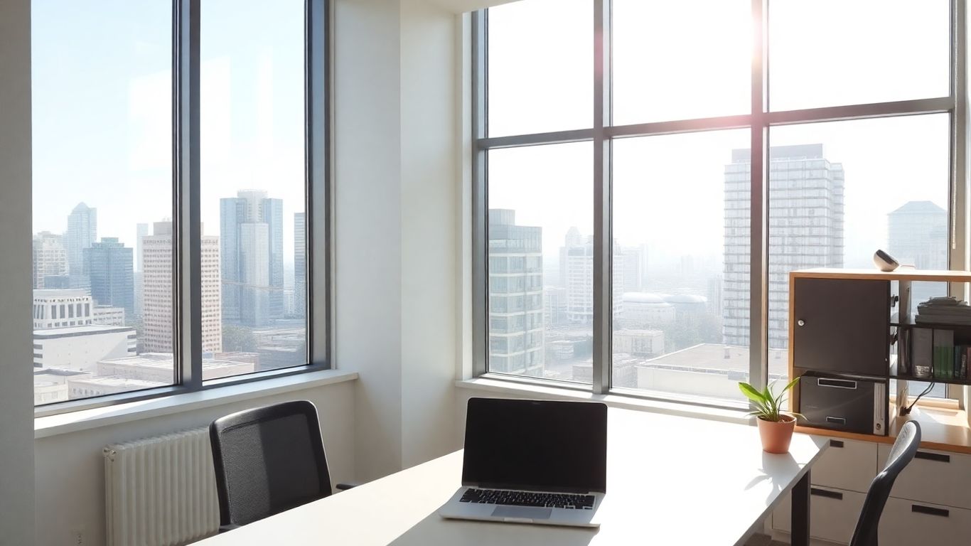 Modern office interior with natural light and a desk.