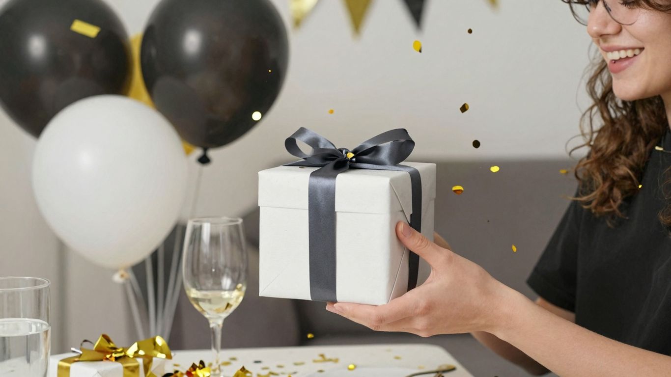 Belated birthday gift with confetti and balloons.