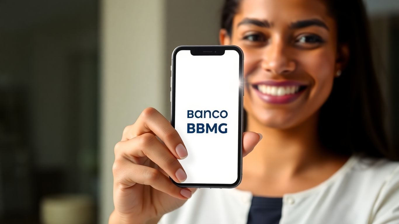 Pessoa sorrindo com celular BMG em mãos.