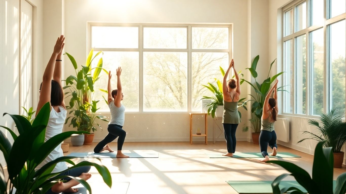 People relaxing in a sunlit yoga studio.