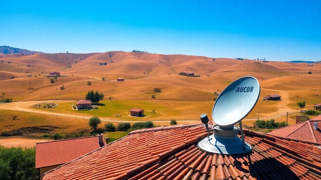 Rural landscape with a satellite dish connecting homes.