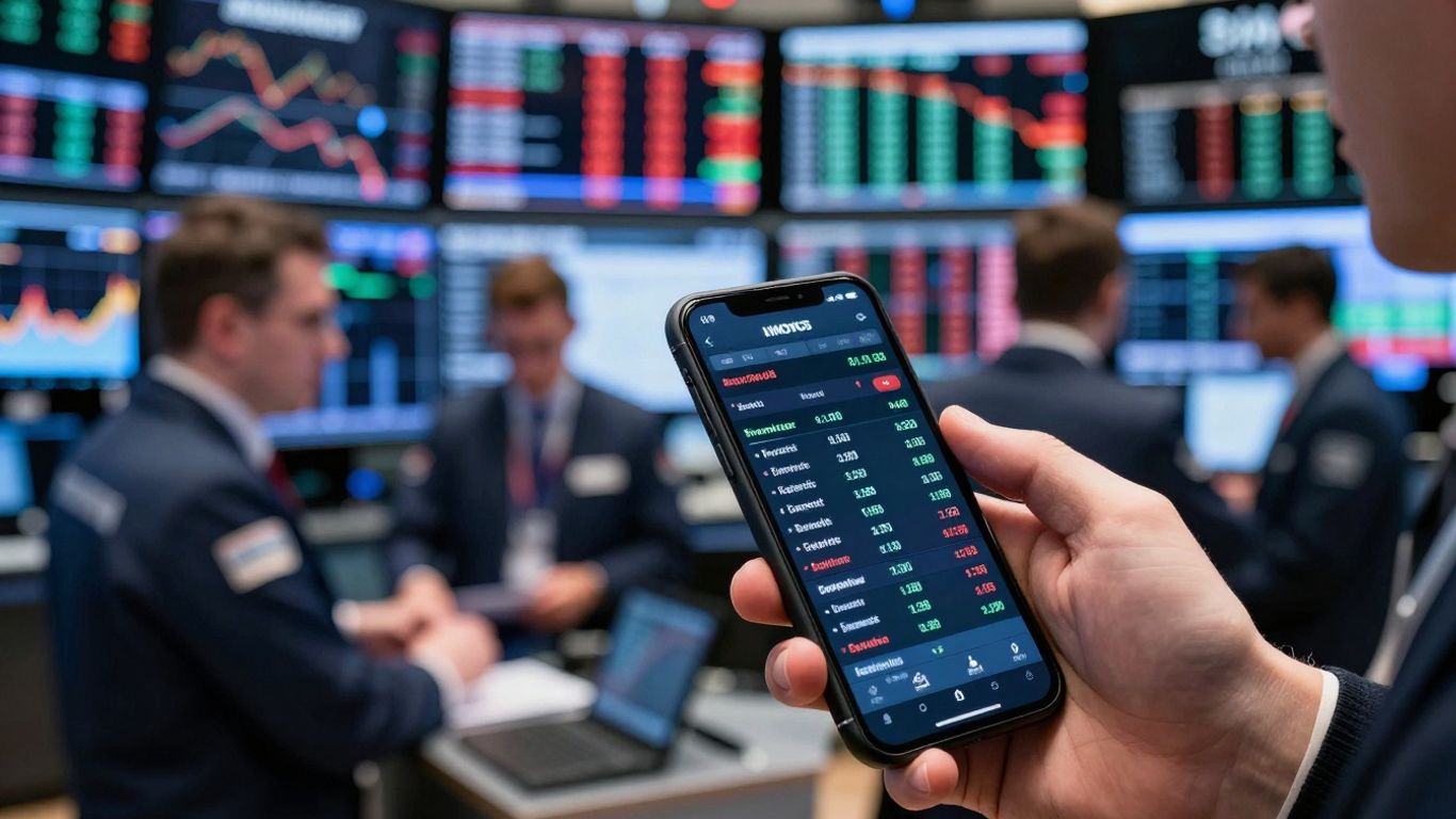 Financial market activity with traders and stock tickers.