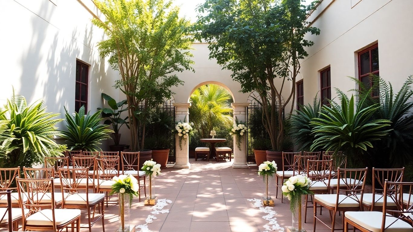 Intimate Dallas wedding venue courtyard with flowers and seating.