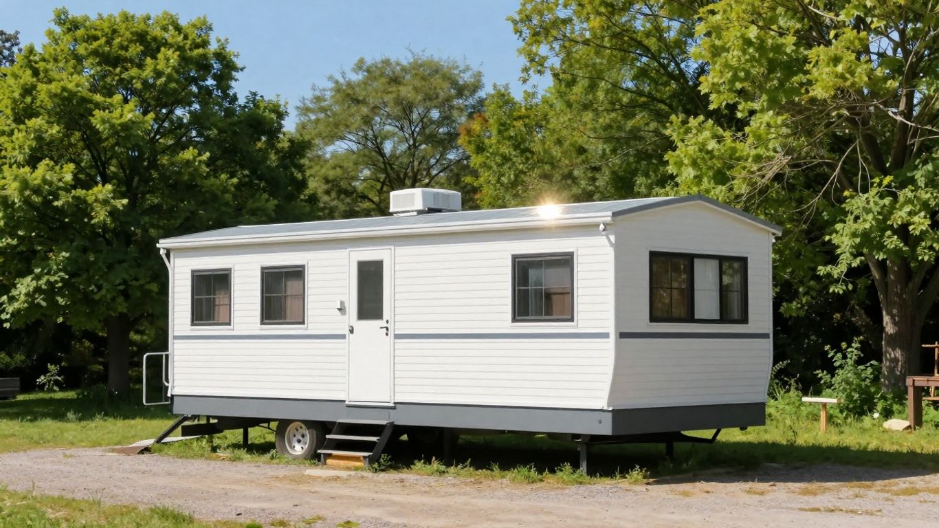 Mobile home in a serene, natural setting.