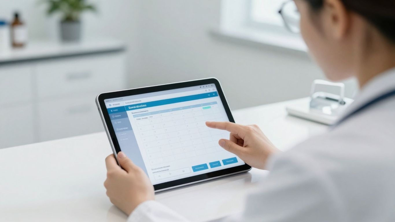 Clinic staff managing patient appointments on a tablet.