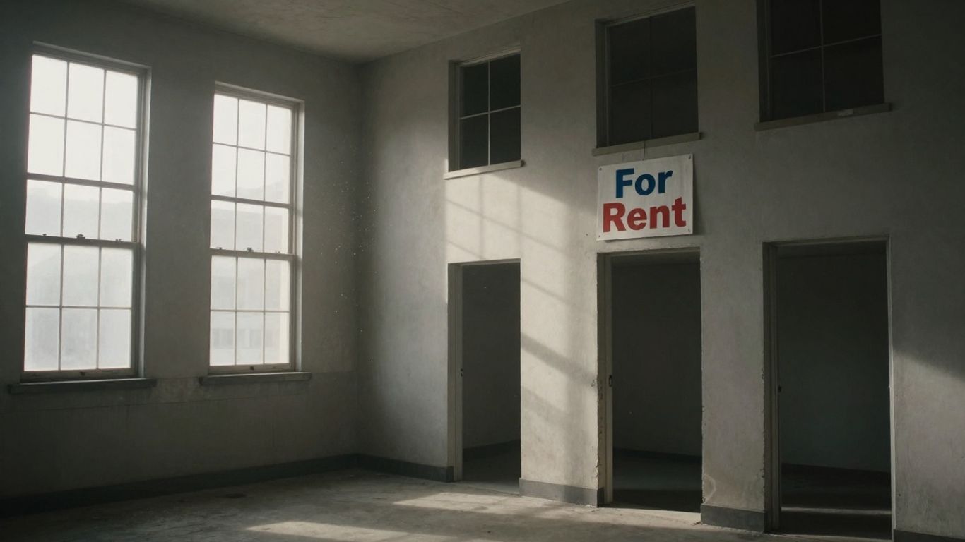 Immeuble d'habitation vide avec des fenêtres sombres.