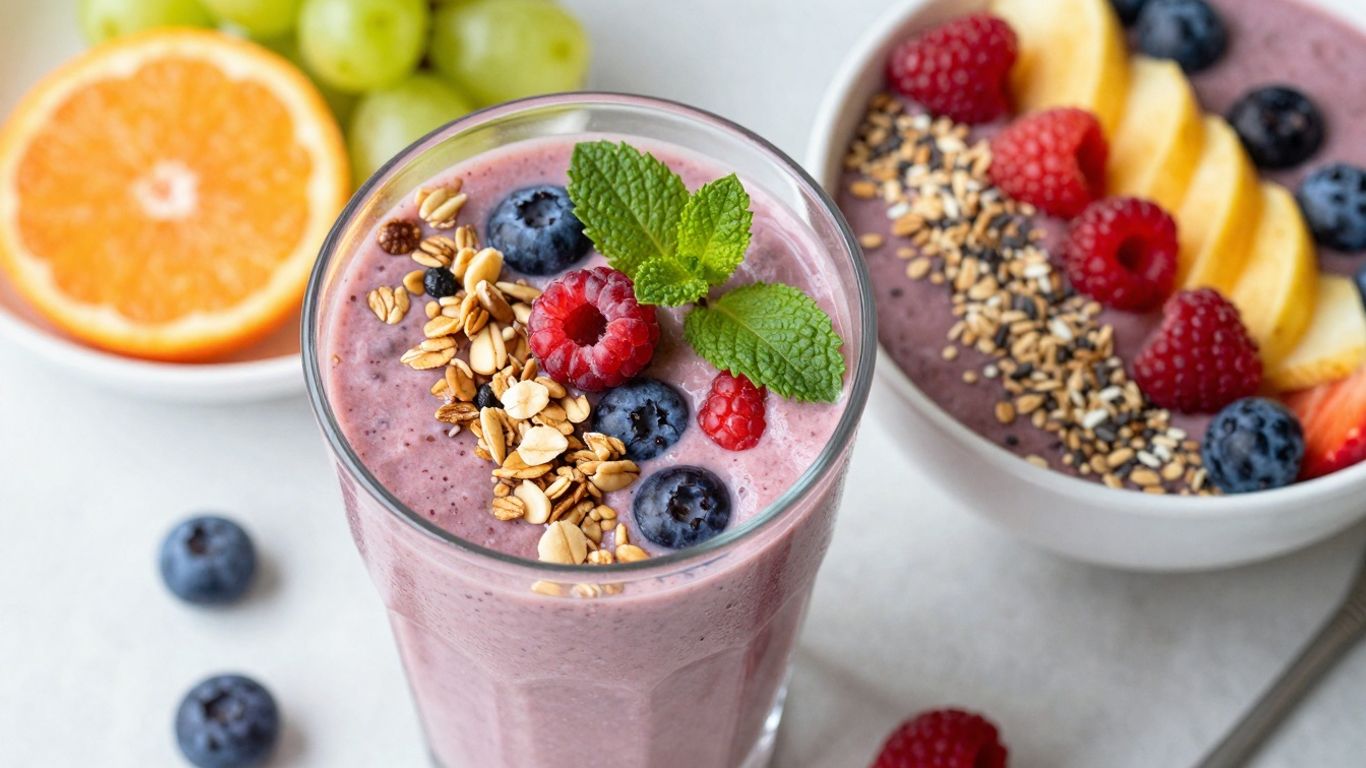 Healthy breakfast smoothie and smoothie bowl with fresh fruits.