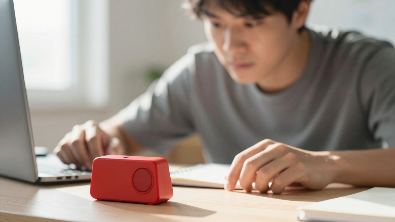Person with ADHD using Pomodoro timer at desk.