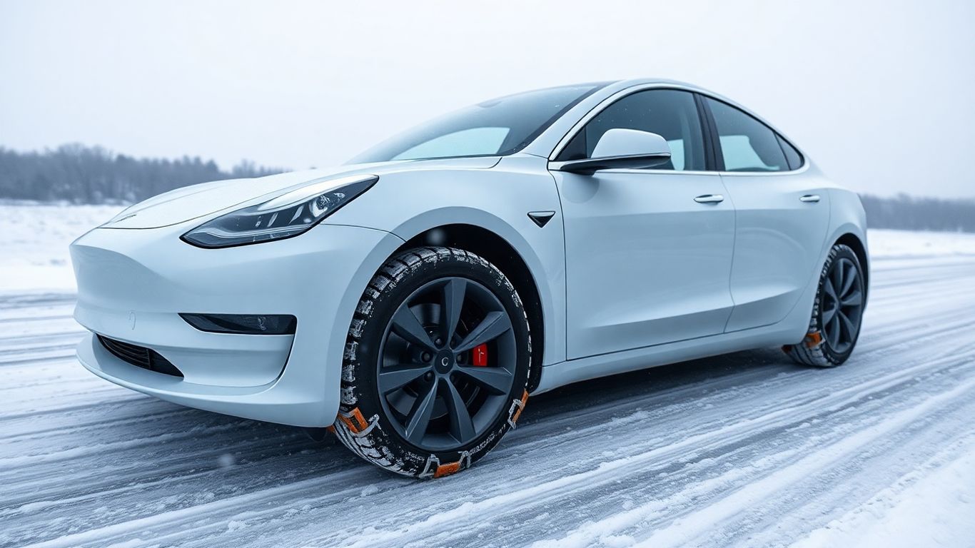 Tesla with snow chains in winter weather.