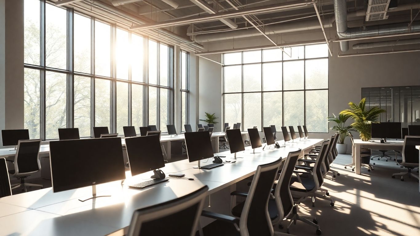 Oficina moderna con escritorios y sillas ergonómicas.