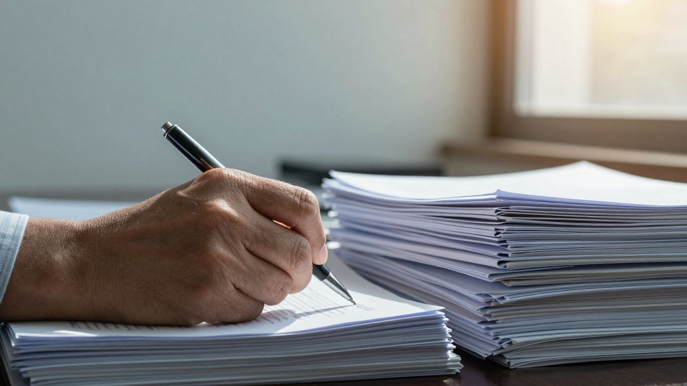 Hand with pen ready to fill out government grant application