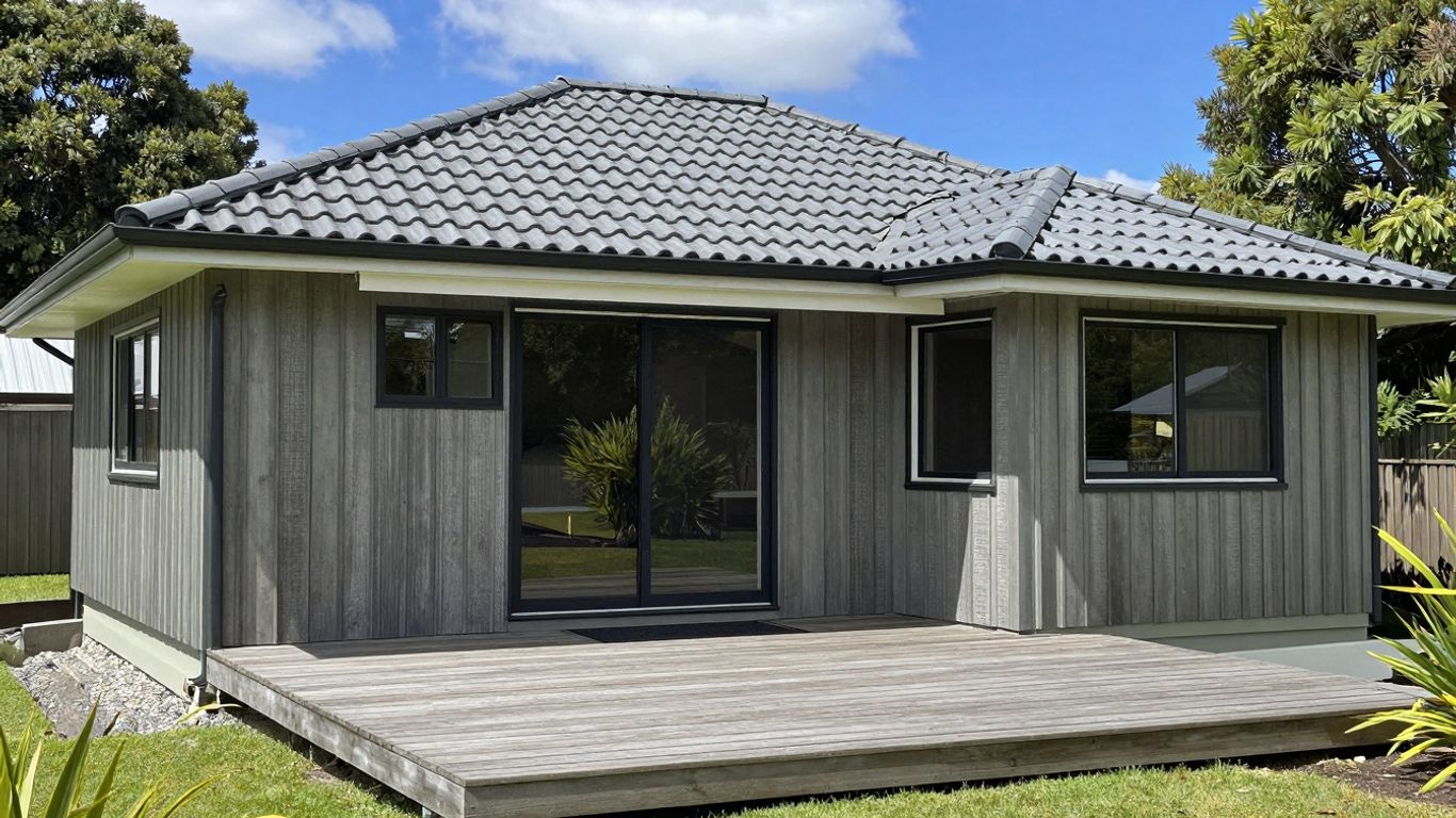 New Zealand home exterior with deck and roof.