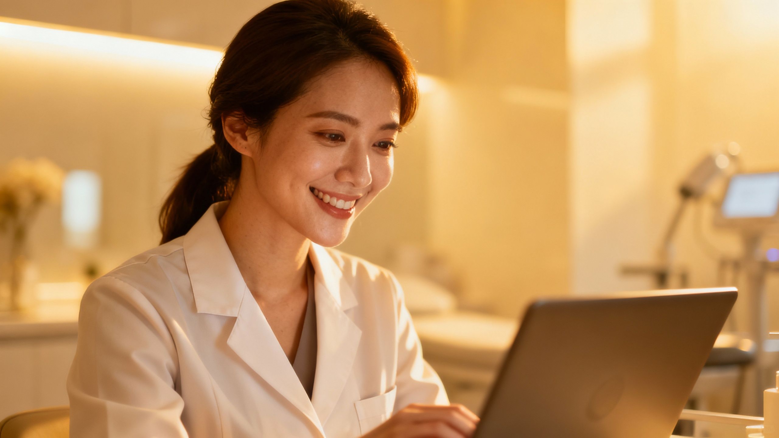 Virtual receptionist working on a laptop in an aesthetic clinic.