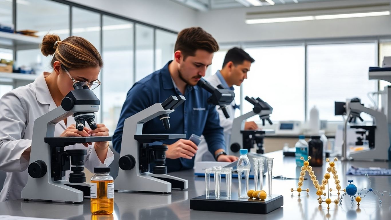 Scientists examining cell samples in a supplement research lab.