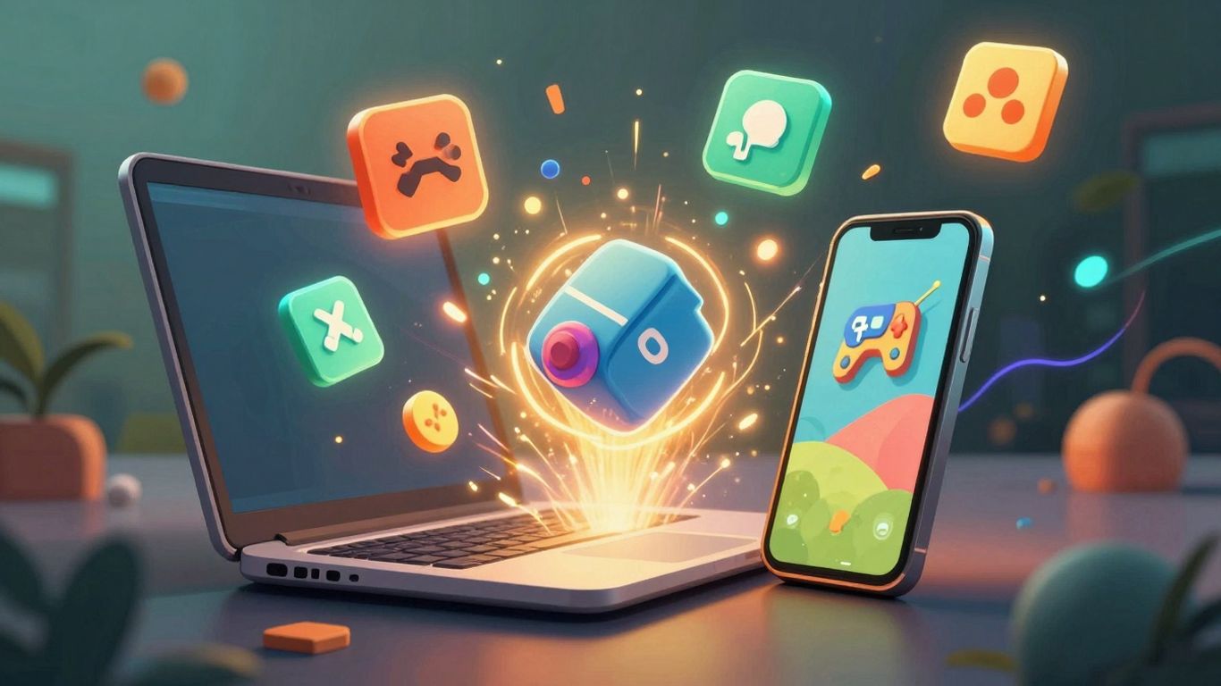 Google Play Games icons on PC and mobile screens.