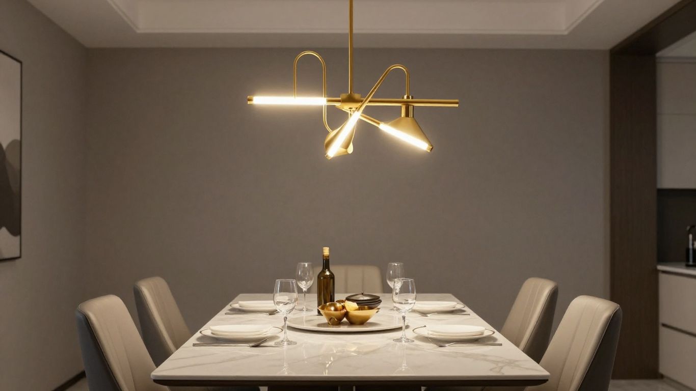 Elegant gold pendant light fixture over a dining table.