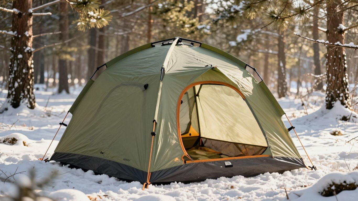 Insulated tent in a snowy forest clearing.