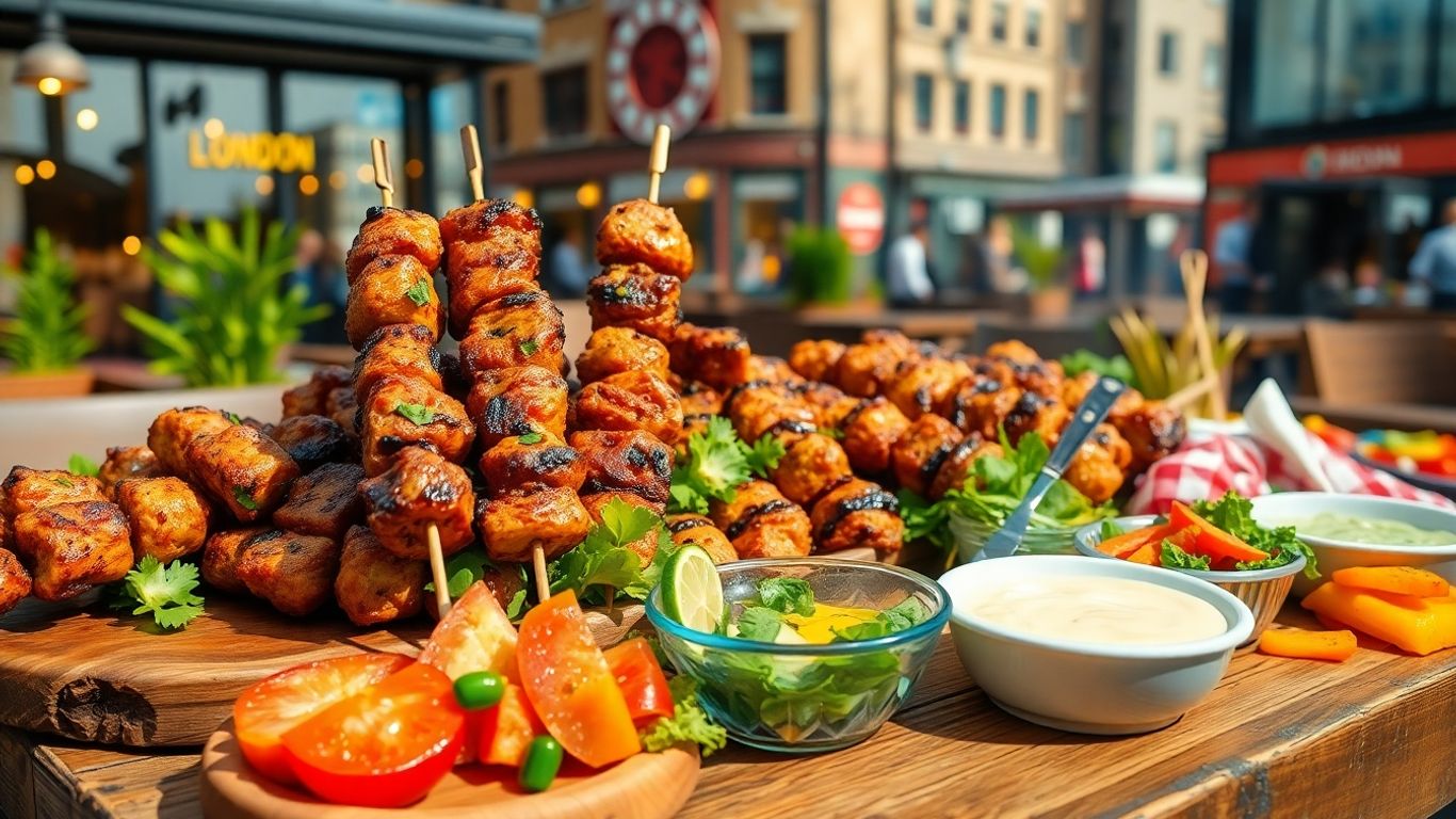 Delicious kebabs and salads on a rustic table