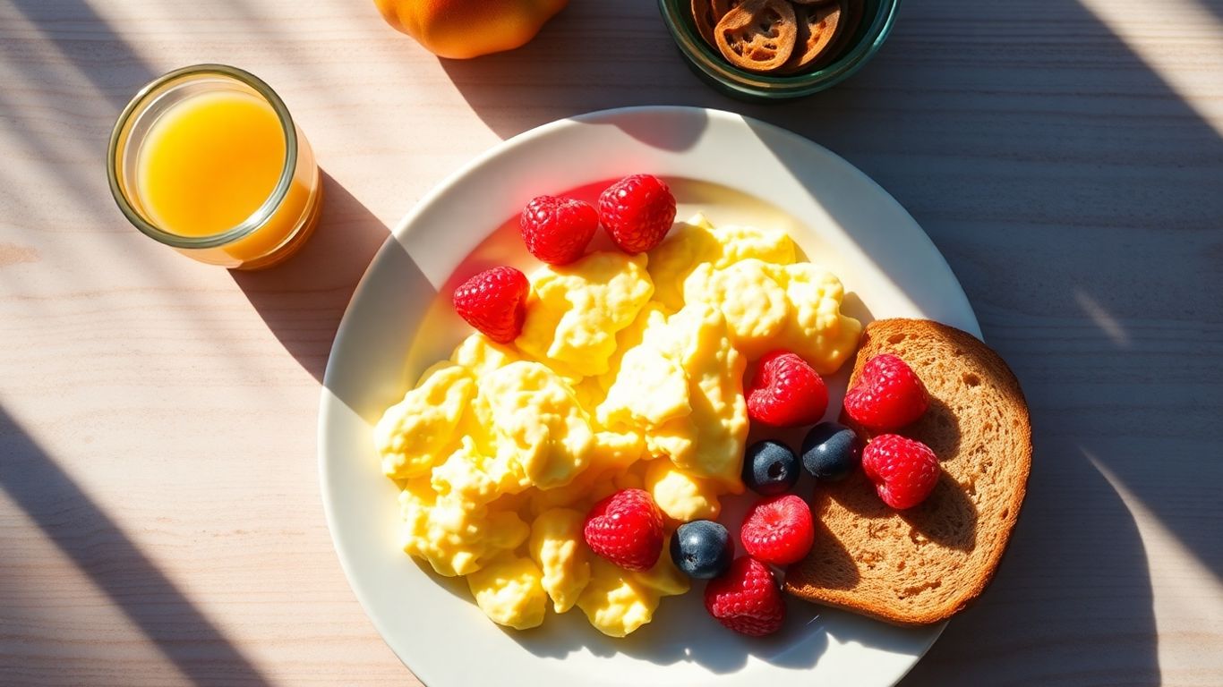 Healthy breakfast with eggs, berries, and toast.