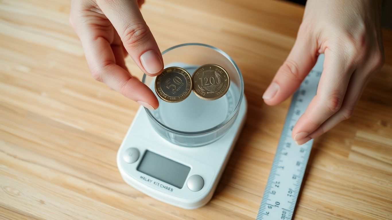 Weighing coins and measuring size with digital scale.