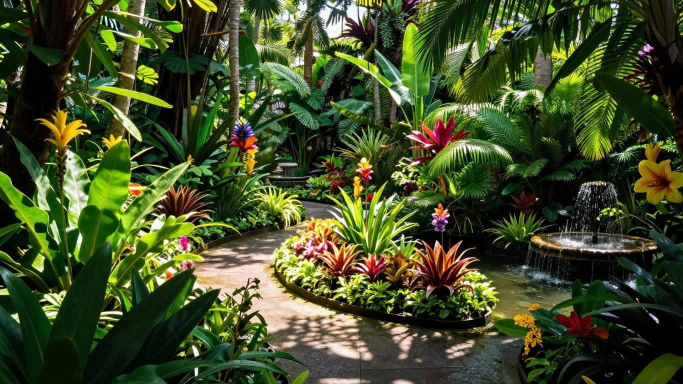 Tropisch paradijs met weelderige planten en bloemen
