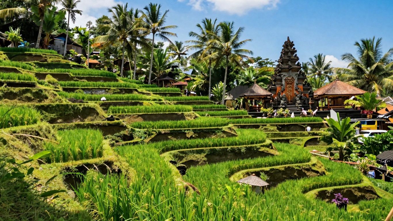 Bali rice terraces and ancient temple landscape