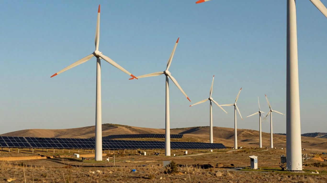 Éoliennes et panneaux solaires sous un ciel bleu lumineux.