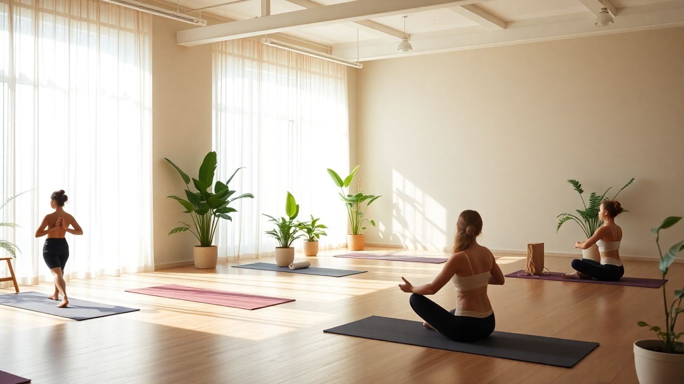 Peaceful yoga studio with natural light and plants.