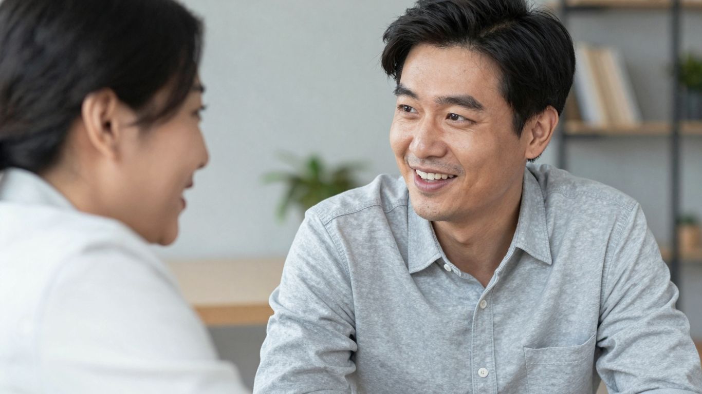 Two people connecting through conversation, building rapport.