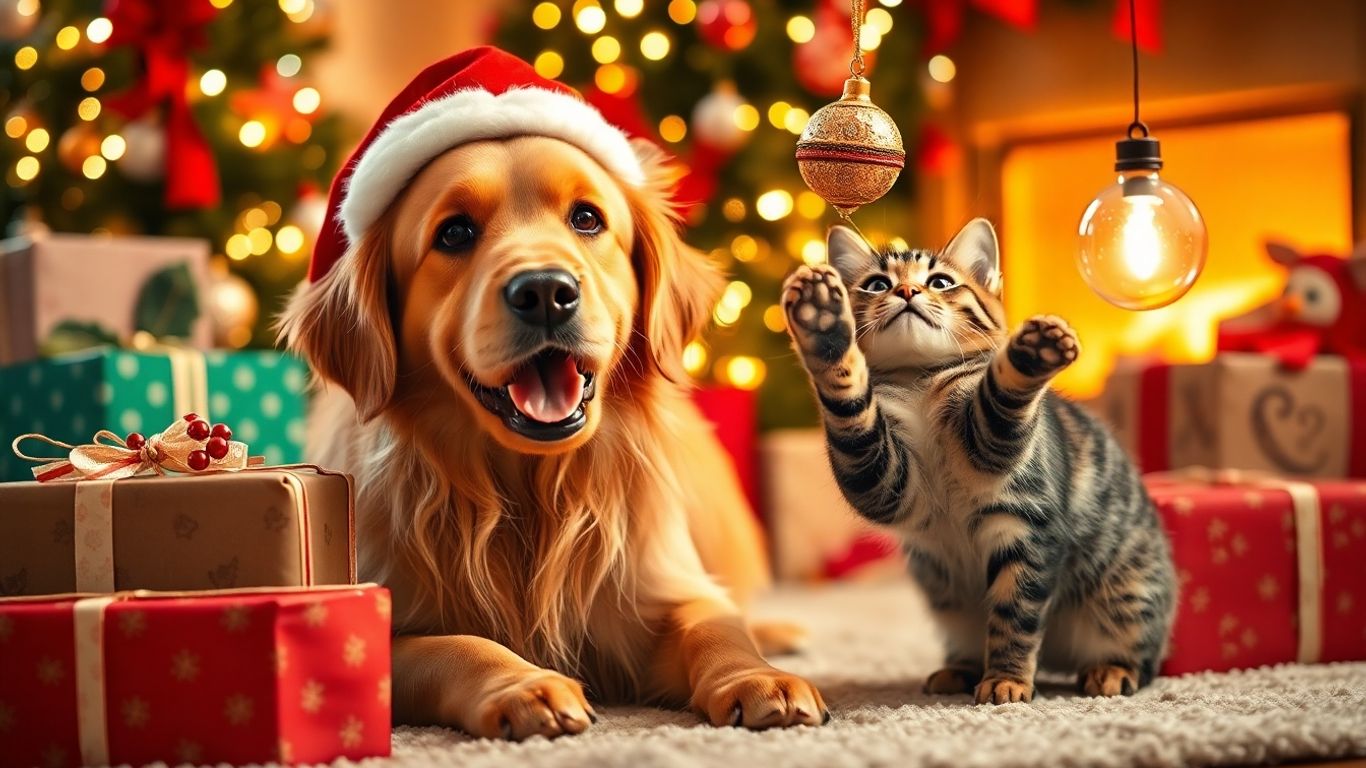 Dog and cat with Christmas presents and decorations.