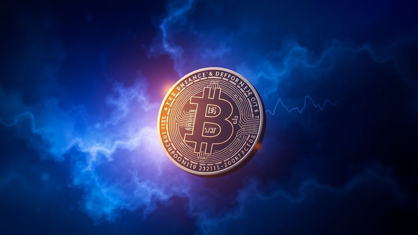 Glowing digital coin against a cosmic background.