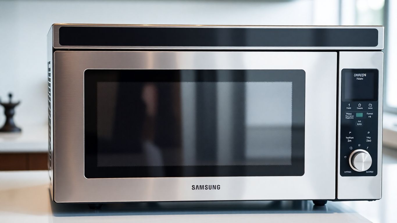 Samsung commercial microwave oven on a clean kitchen counter.