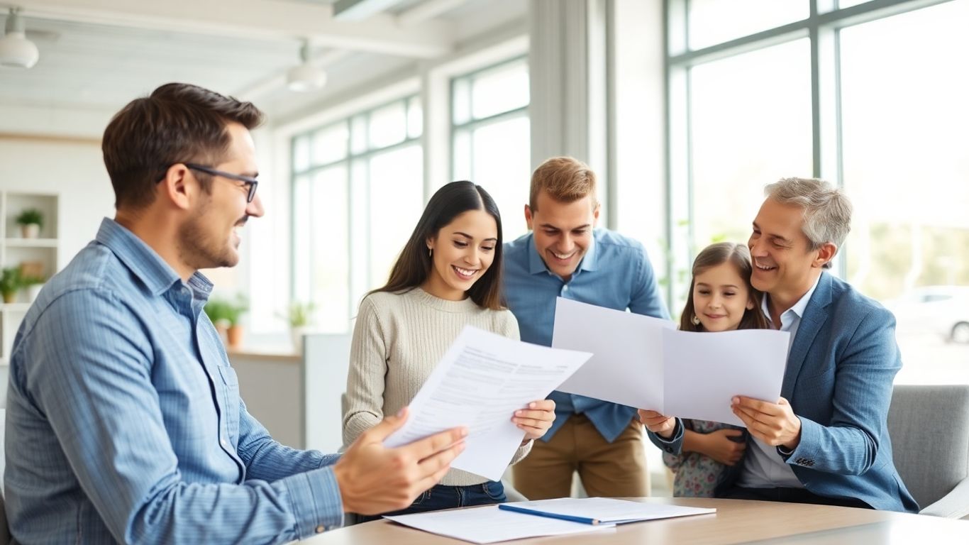 Asesor de seguros revisando póliza con familia feliz