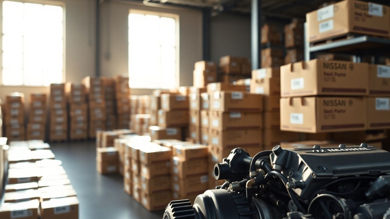 Genuine Nissan OEM parts stacked in a warehouse.