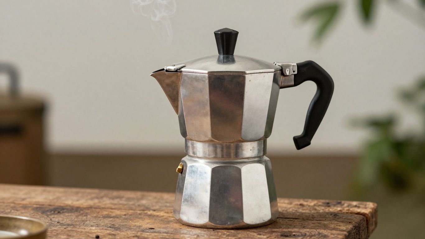 Shiny Moka pot brewing coffee outdoors.