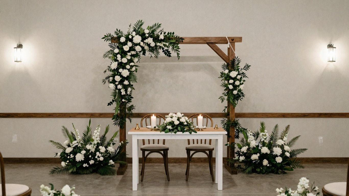 Intimate wedding ceremony setup with floral arch and table for two.