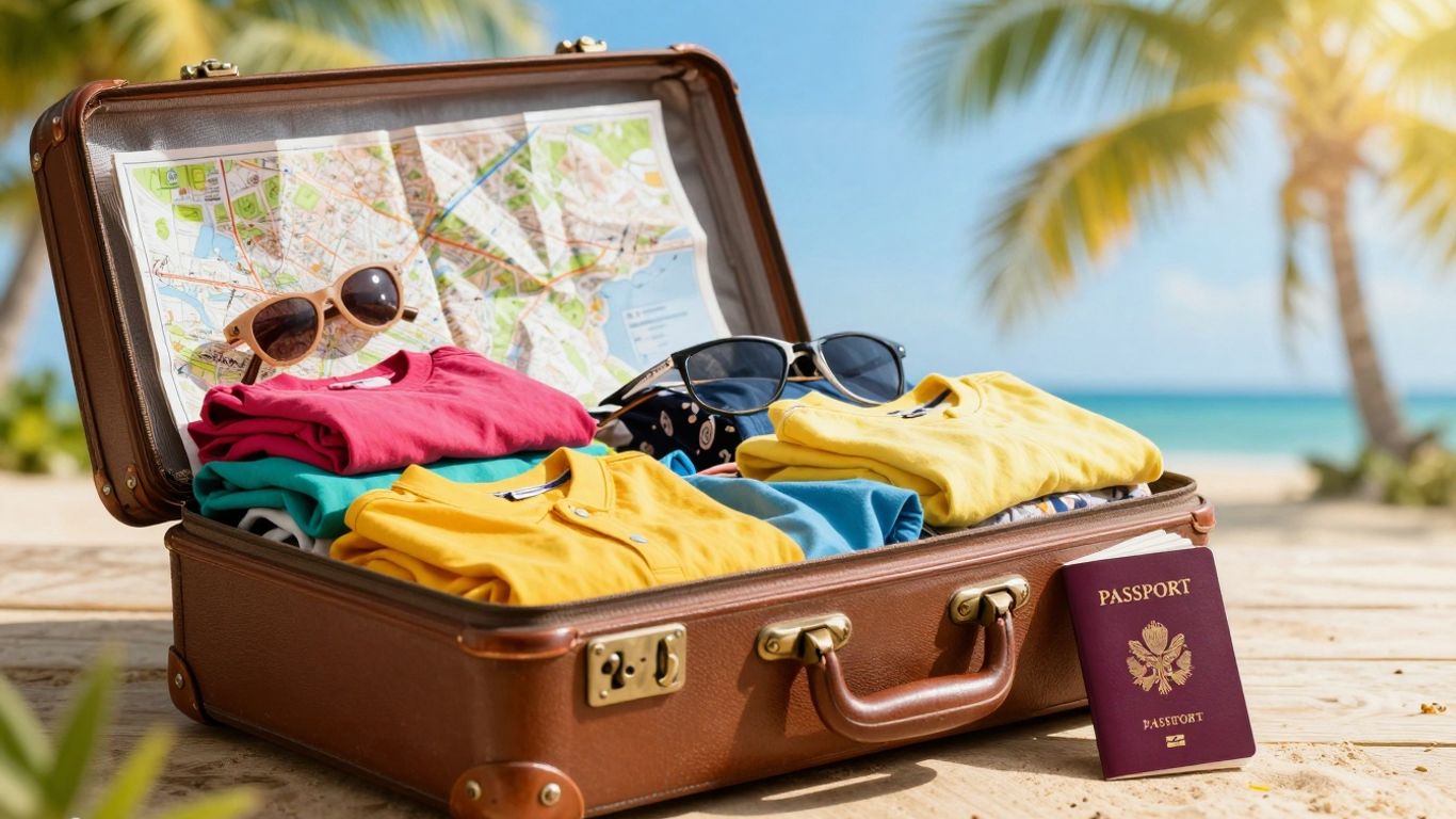 Open suitcase packed for adventure with map and passport.