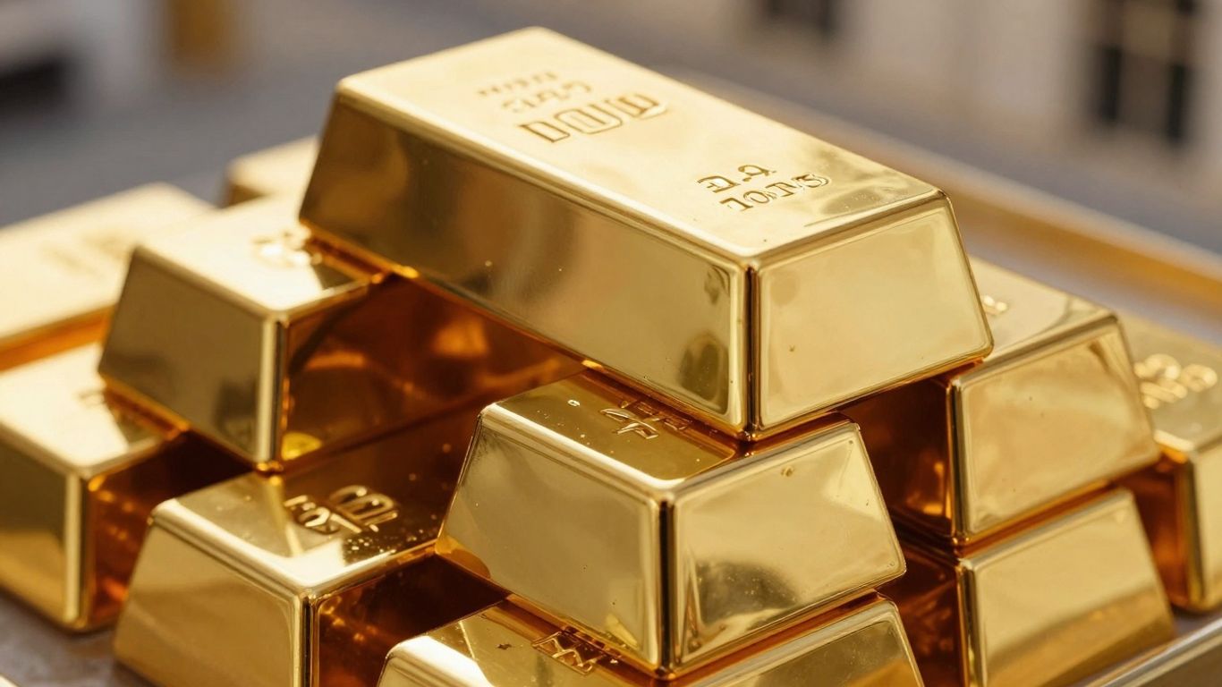 Barras de ouro brilhando à luz, investimento e França.
