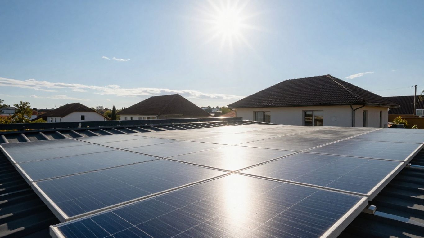 Panneaux solaires sur un toit ensoleillé, économies d'énergie.
