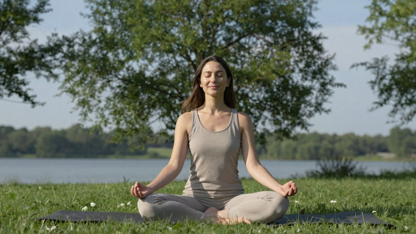 Frau meditiert friedlich im Freien im Sonnenlicht.