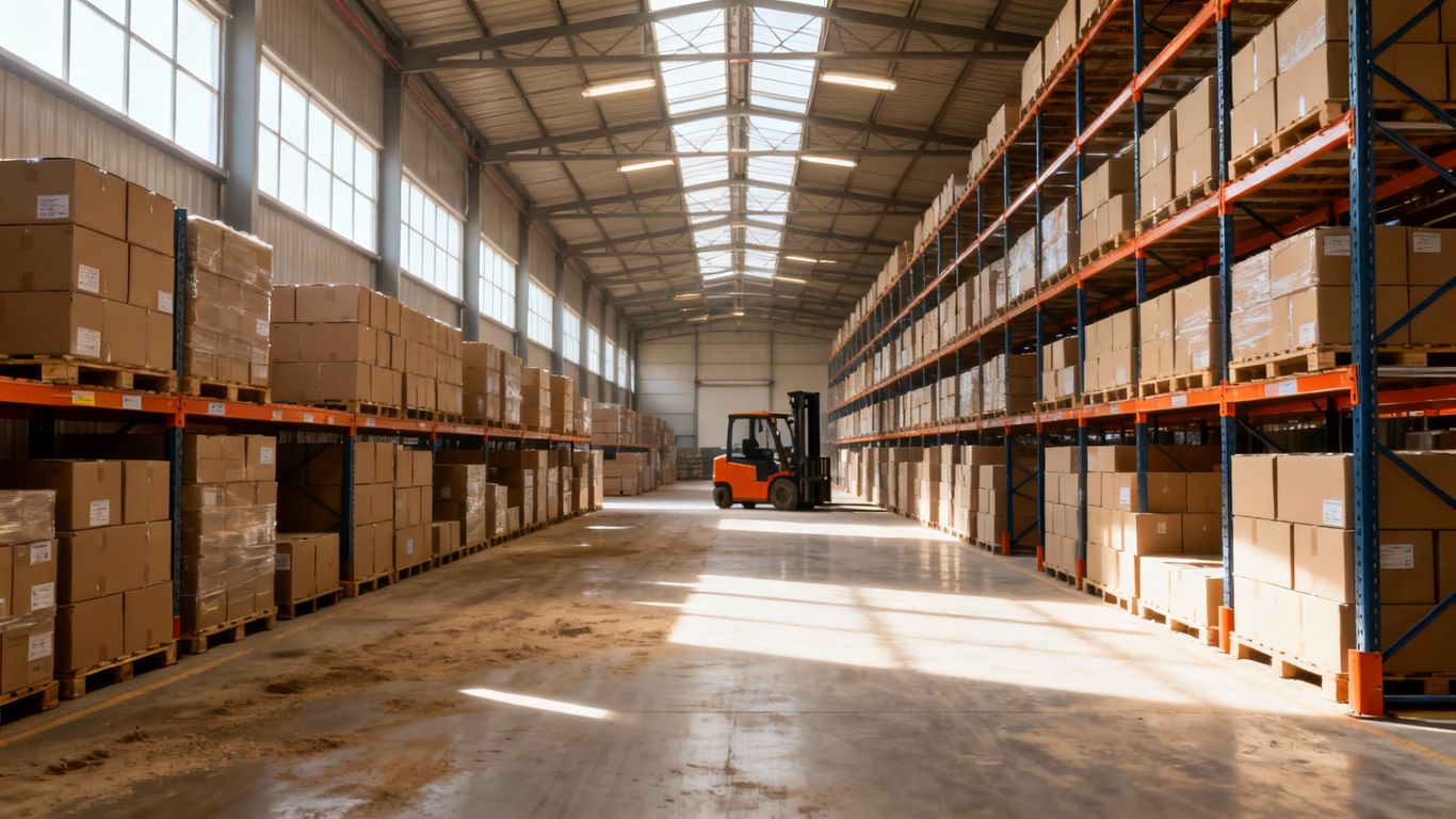 Čistý sklad s usporiadanými regálmi a tovarom.