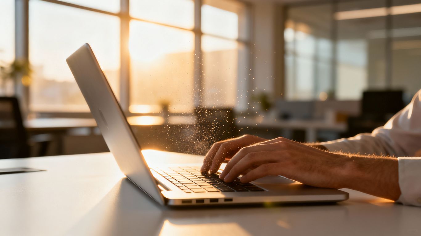 Business person working on a laptop in a modern office.