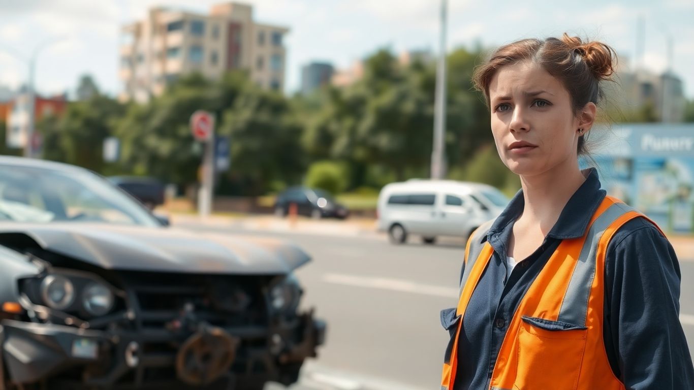 Acidente de trajeto e trabalho: carro danificado na estrada.