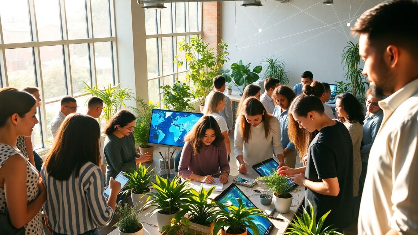 Diverse people collaborating with glowing technology in a bright, modern space.