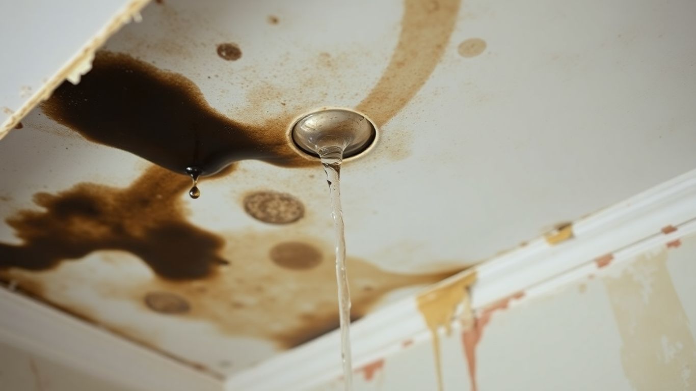 Water-stained ceiling with peeling paint