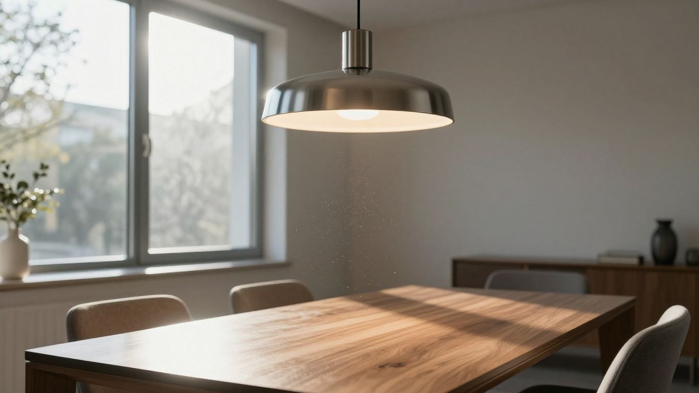 Stylish pendant light hanging over a dining table.